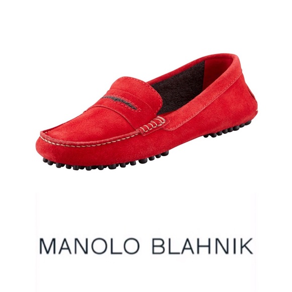 Manolo Blahnik Shoes - Manolo Blahnik Terry-Trimmed Suede Driver Red